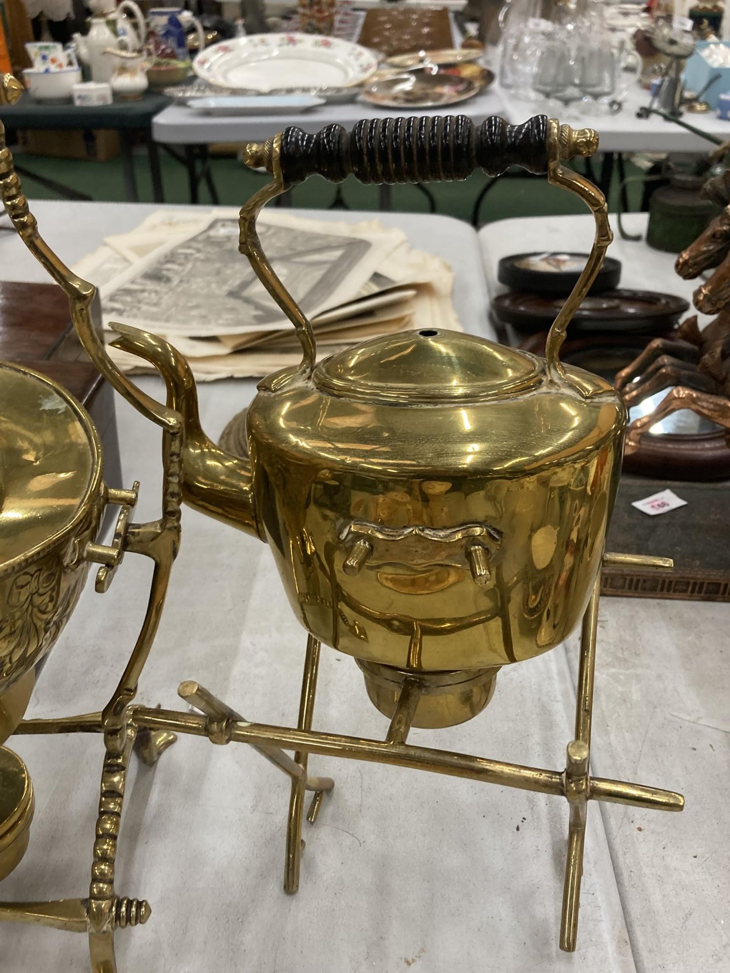 TWO VINTAGE BRASS KETTLES ON STANDS - Image 2 of 3