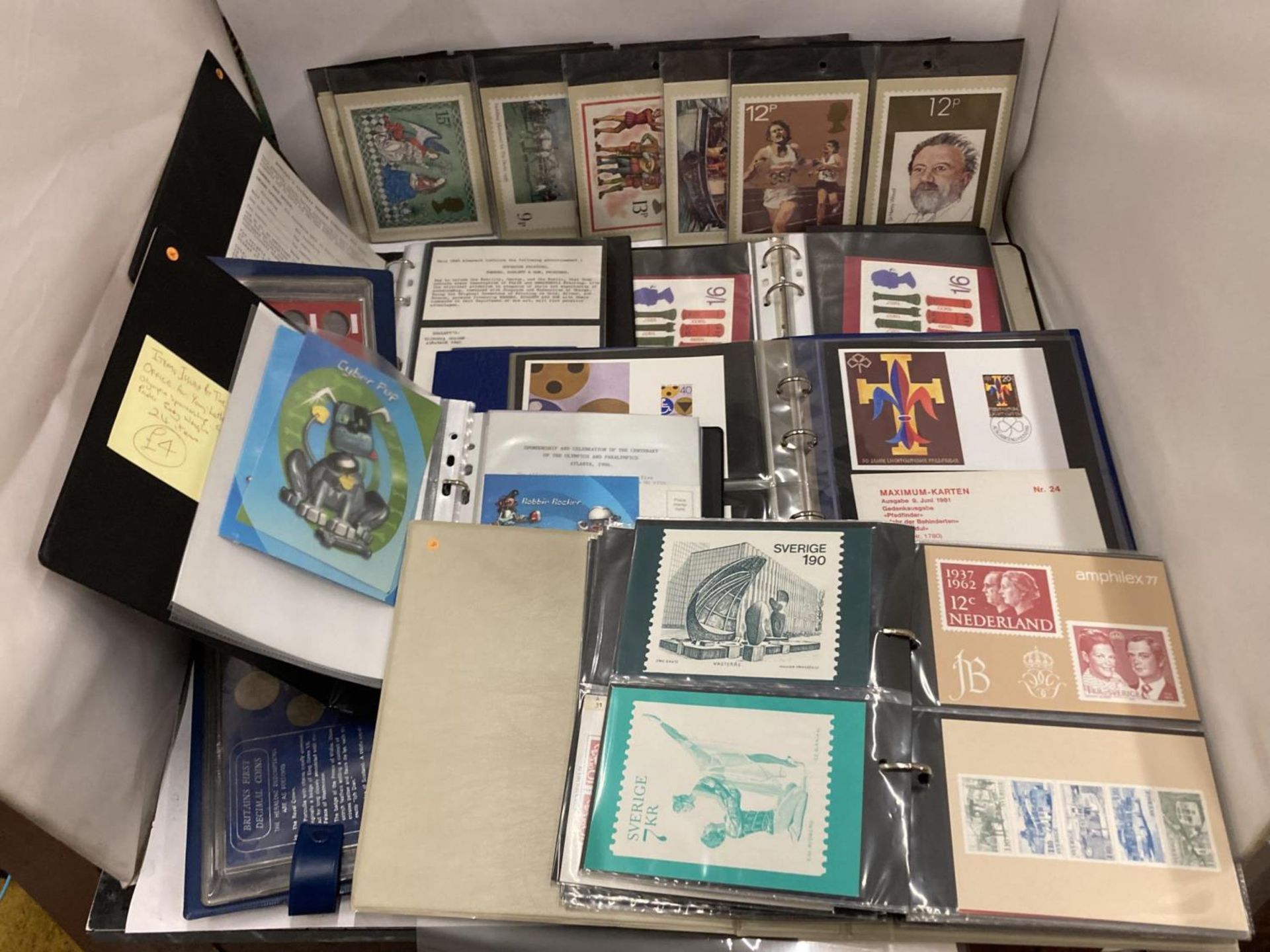 FIVE ALBUMS OF FIRST DAY COVERS, OTHERS IN SLEEVES AND A FOLDER WITH THE DECIMAL COIN SET
