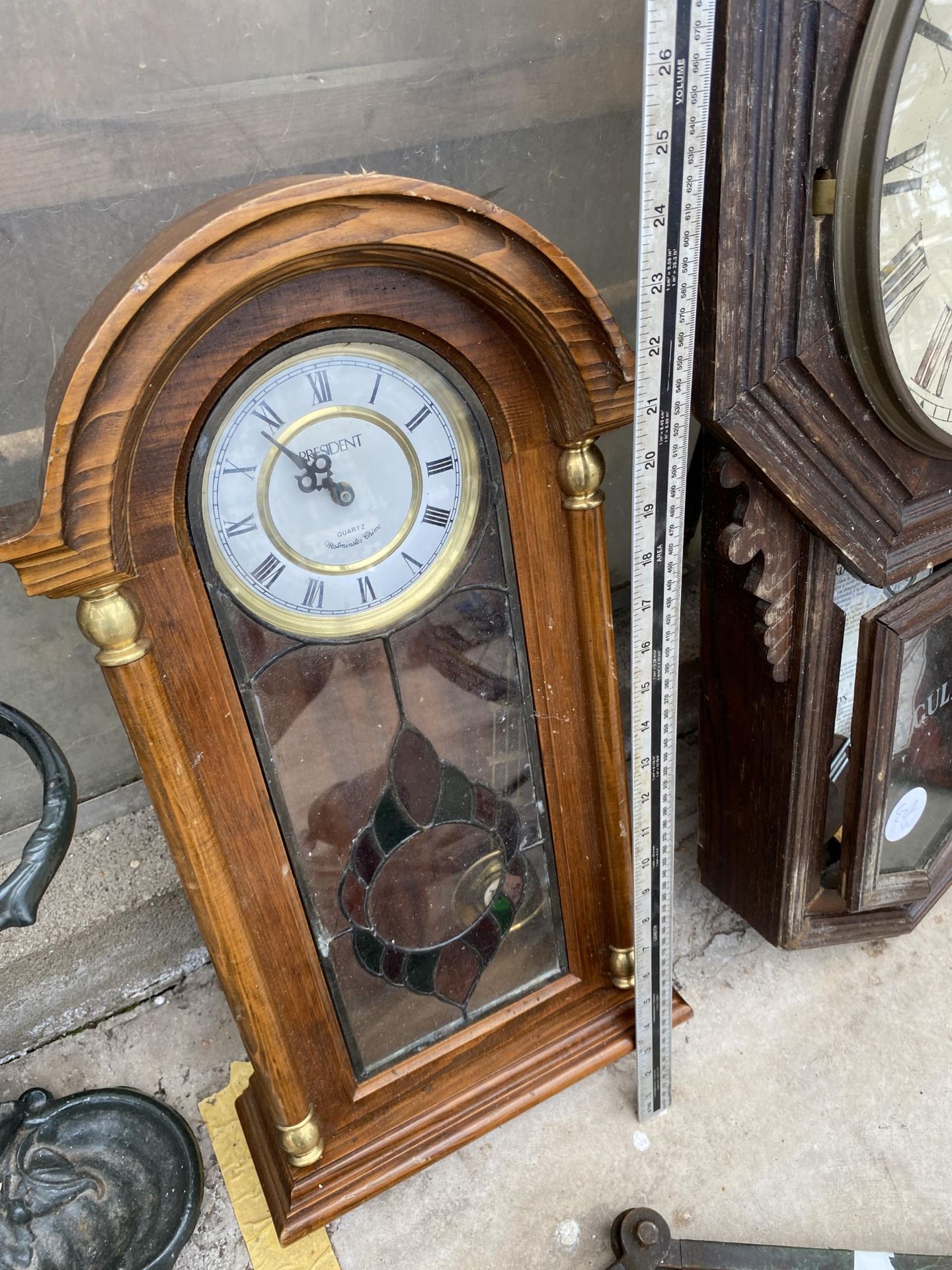 A VINTAGE WOODEN CASED WALL CLOCK AND A FURTHER PRESIDENT WOODEN CASED WALL CLOCK - Image 2 of 3