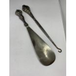 TWO HALLMARKED CHESTER SILVER HANDLED ITEMS TO INCLUDE A BUTTON HOOK AND A SHOE HORN