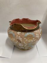 A DOULTON SLATERS PLANTER/VASE WITH FLUTED RIM AND CLOISONNE STYLE FLORAL PATTERN, HEIGHT 19CM,
