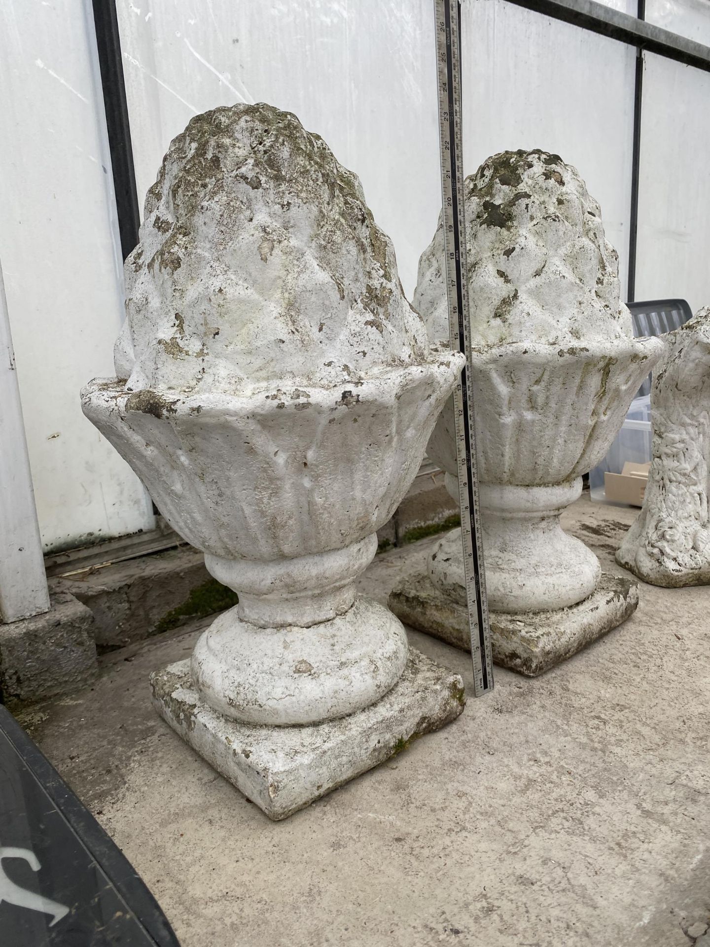 A PAIR OF WHITE PAINTED RECONSTITUTED STONE ACORN FINIALS - Image 2 of 3