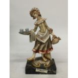 A VINTAGE SIMONELLI SERVING GIRL FIGURINE ITALY ON A GENUINE CARRARA MARBLE STAND