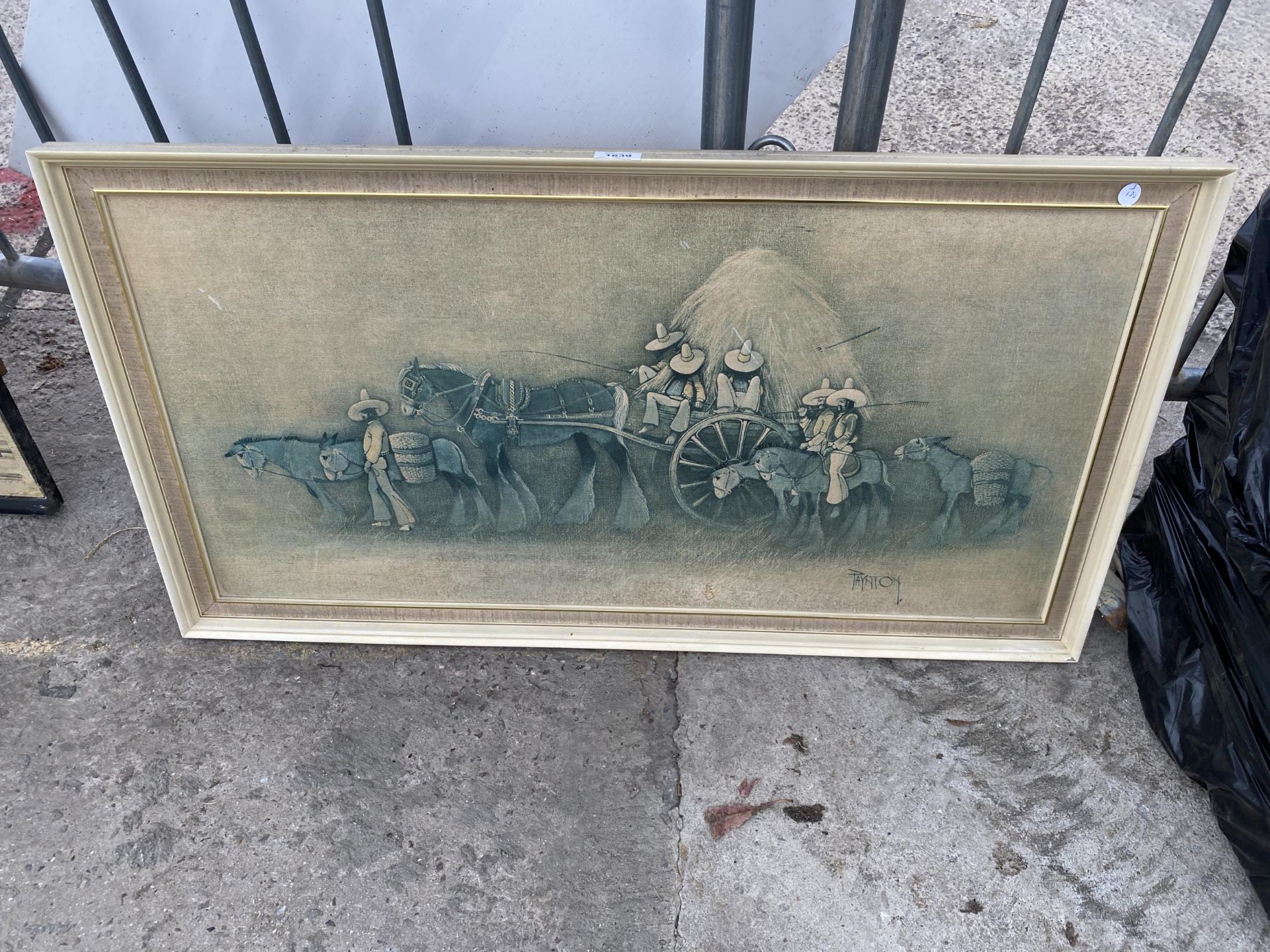 A MID CENTURY FRAMED PRINT ON BOARD OF A HARVEST SCENE WITH SIGNATURE TO BOTTOM RIGHT PAYNTON