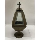 A BRASS CHURCH LANTERN WITH BEVELLED GLASS