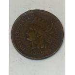 AN 1869 U.S.A INDIAN HEAD CENT COIN, BELIEVED VF