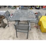 A METAL FRAMED GARDEN PATIO SET TO INCLUDE A TABLE AND FOUR CHAIRS
