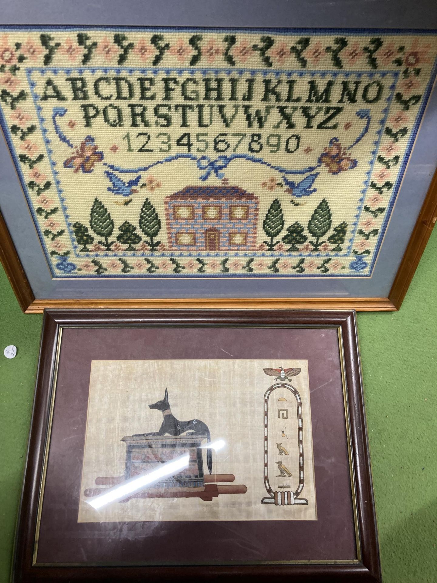 TWO FRAMED PICTURES - ALPHABET EMBROIDERY AND EGYPTIAN EXAMPLE