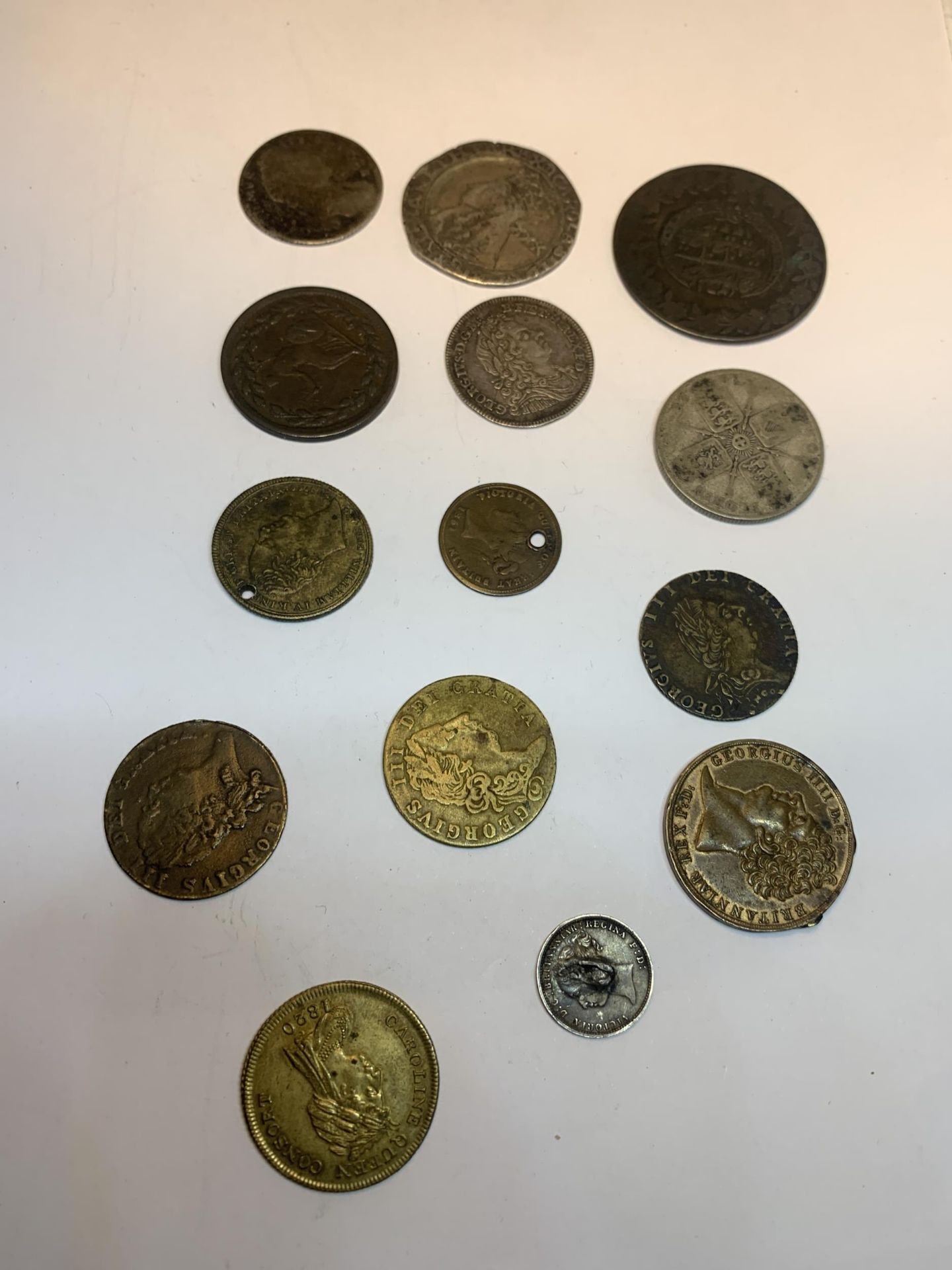 FOURTEEN VARIOUS FOREIGN COINS AND TOKENS