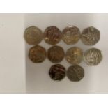 TEN VARIOUS COLLECTABLE FIFTY PENCE PIECES TO INCLUDE PADDINGTON BEAR, JEREMY FISHER, OLYMPICS ETC