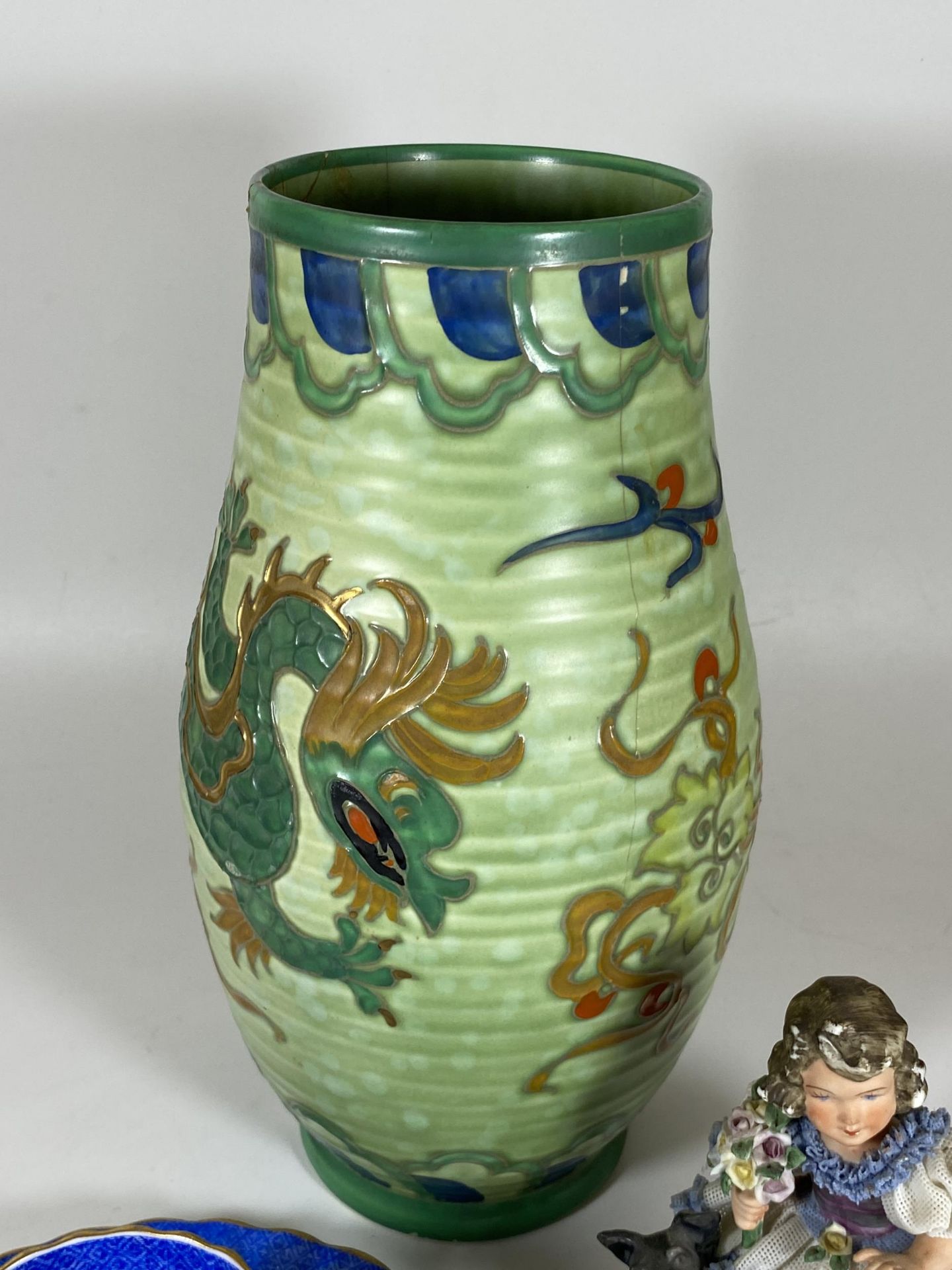 THREE ITEMS - CHARLOTTE RHEAD CROWN DUCAL MANCHU DRAGON PATTERN VASE, (A/F), HEIGHT 27CM, COPELAND - Image 4 of 10