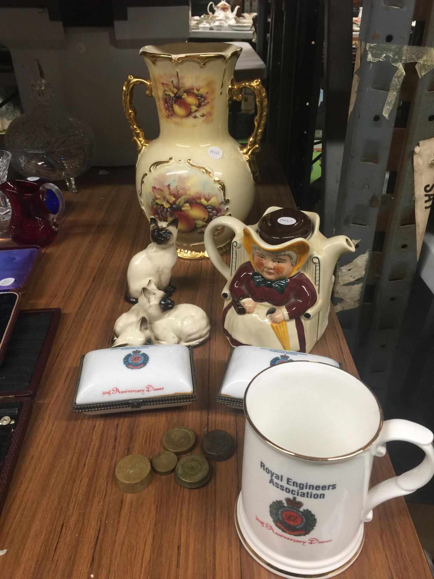 TWO ROYAL ENGINEERS, POTTERIES BRANCH, CERAMIC AND METAL TRINKET BOXES, A VICTORIAN FLORAL VASE, A