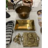 A COLLECTION OF BRASS ITEMS - JAM PAN, INKWELL ETC