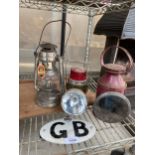 A PARAFIN LAMP, TWO TORCHES AND AN RAC GB CAR BADGE