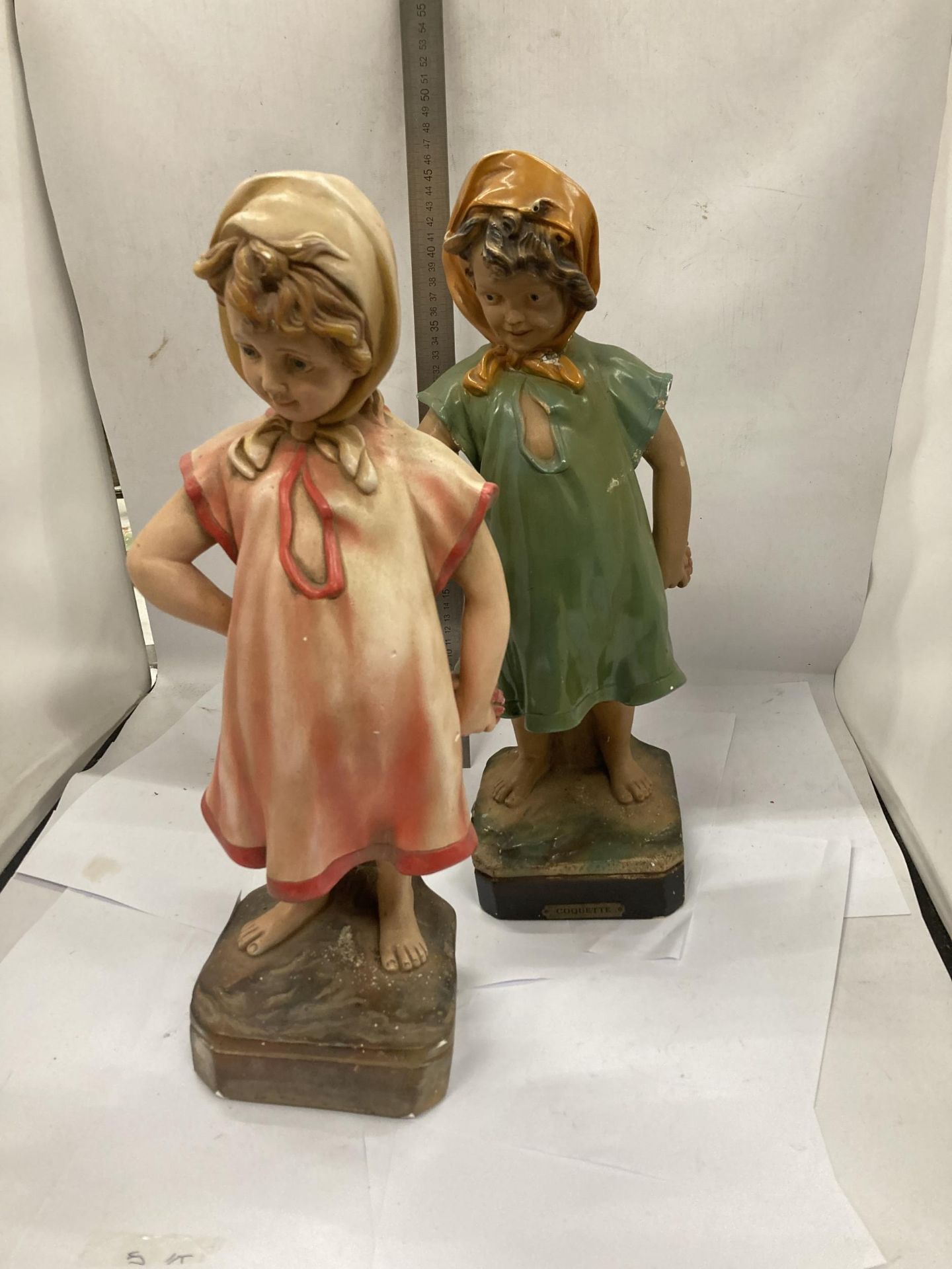 TWO VINTAGE CHALKWARE STYLE FIGURES OF A BOY AND GIRL, HEIGHT 47CM