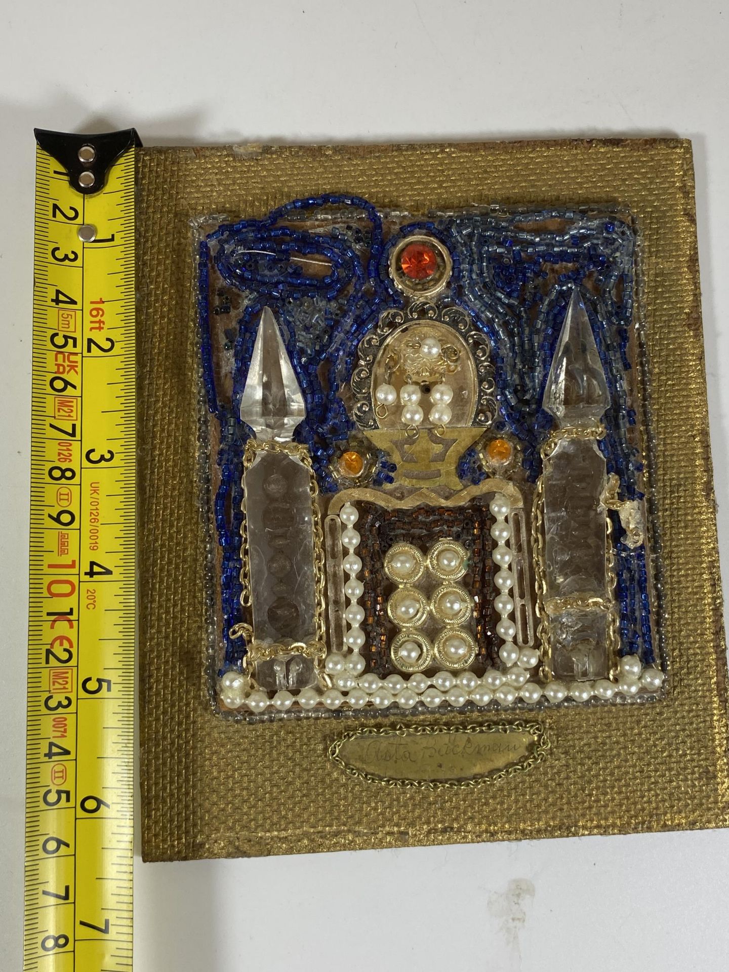 AN UNSUSUAL SMALL PICTURE BEAD MONTAGE OF A RELIGIOUS BUILDING, SIGNED AND DATED 1916, PAPER LABEL - Image 5 of 6