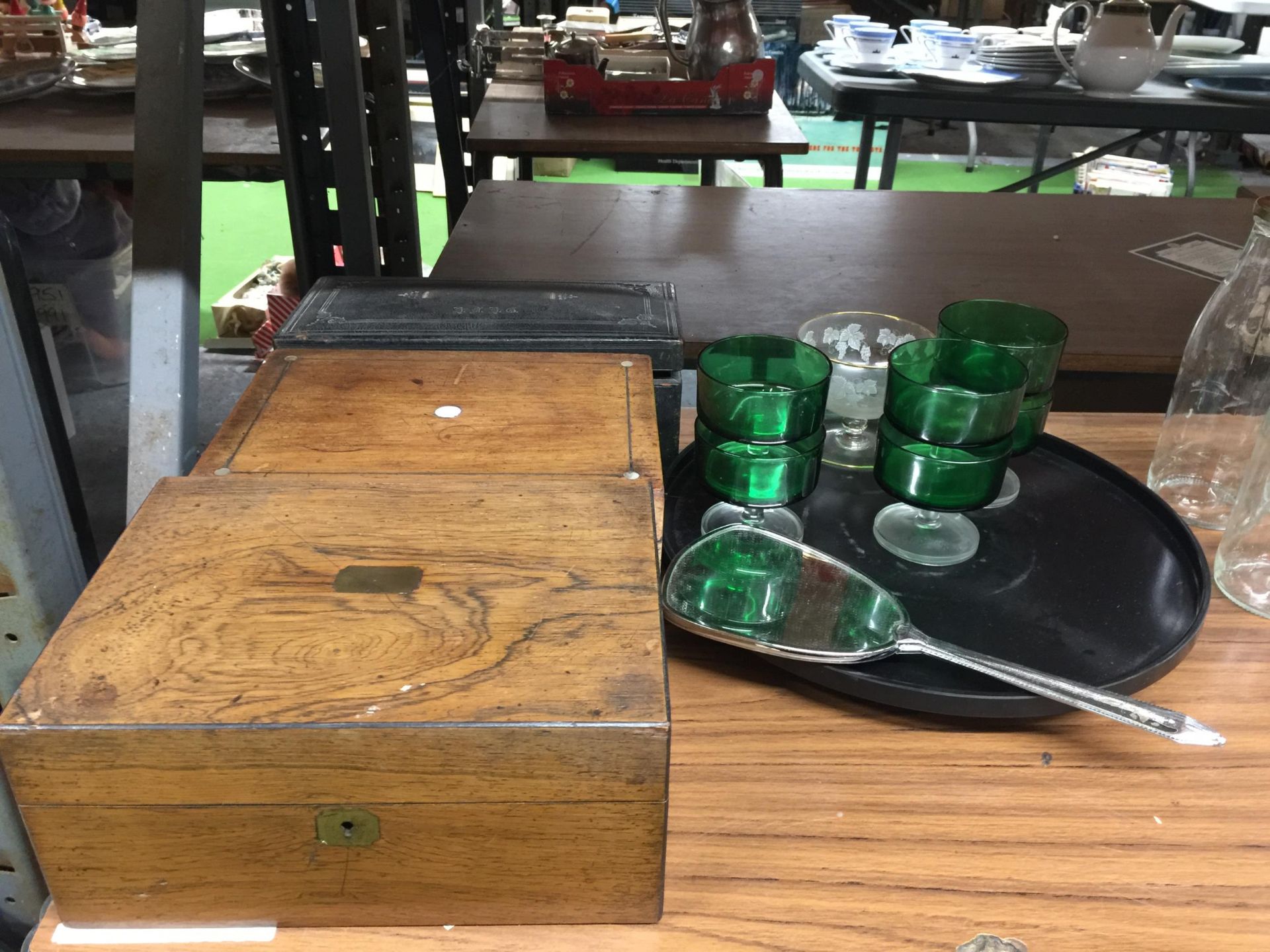 THREE VINTAGE BOXES TO INCLUDE A MAHOGANY, AN OAK AND A LEATHER COVERED - FOR RESTORATION PLUS A