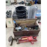 AN ASSORTMENT OF ITEMS TO INCLUDE PLASTIC BUCKETS, A TOOL CHEST AND AN ASSORTMEENT OF TOOLS TO