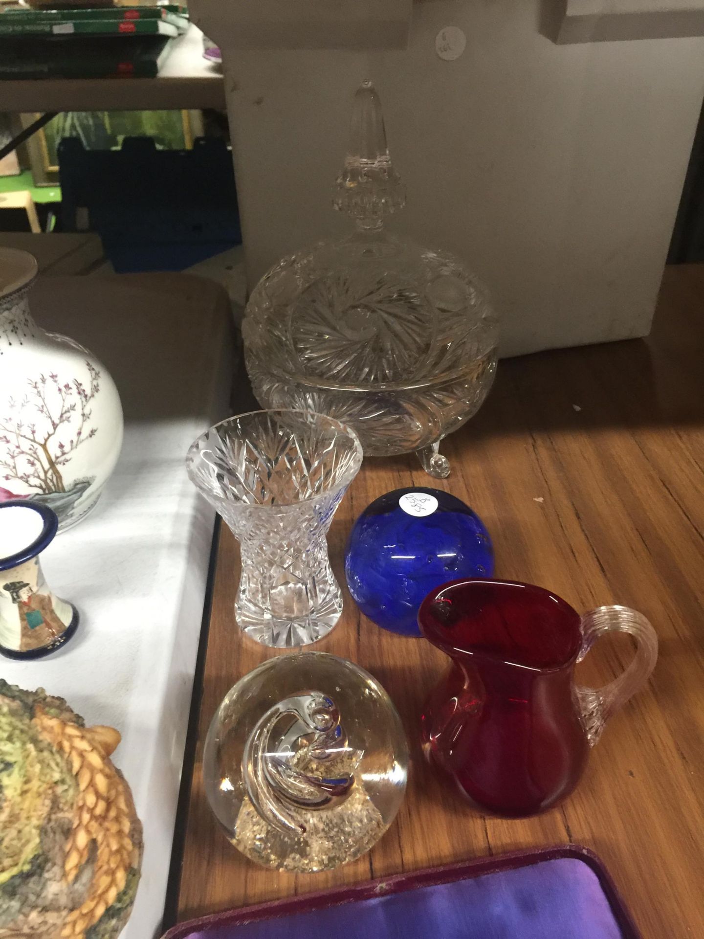 TWO VINTAGE BOXED DRAWING SETS, GLASS PAPERWEIGHTS, CRANBERRY JUG, GLASS VASE AND BONBON DISH - Image 3 of 3