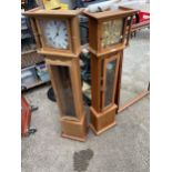 A MODERN OAK MINIATURE LONGCASE CLOCK WITH BRASS FACE AND TWO WEIGHTS, 46" HIGH AND A SIMILAR PINE