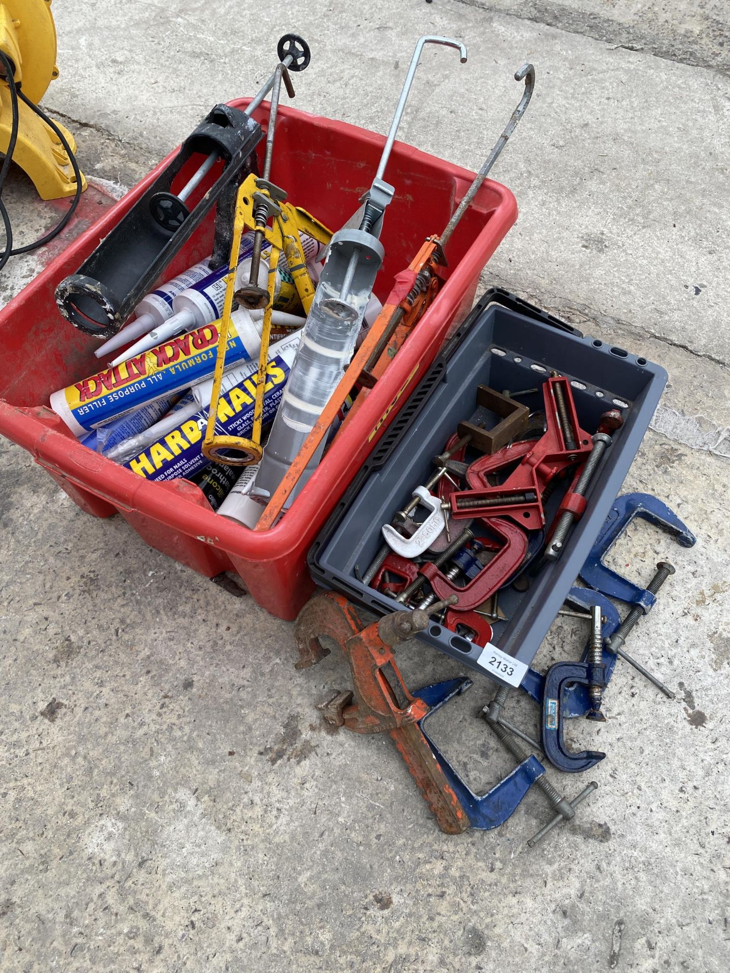 AN ASSORTMENT OF G CLAMPS AND CAULK GUNS ETC