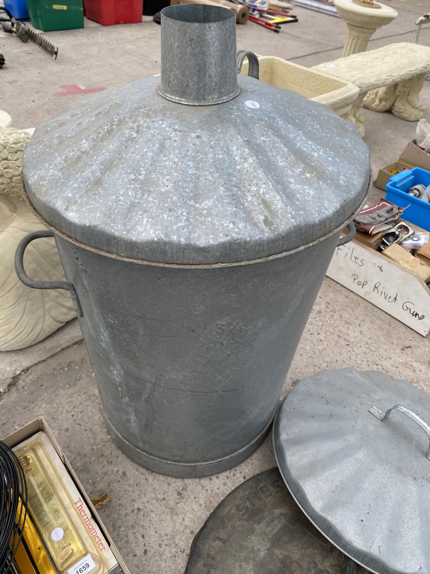 A GALVANISED GARDEN INSINERATOR AND TWO BIN LIDS - Image 2 of 2