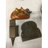 A SMALL ANVIL, 'COWBOY' POCKET WATCH STAND AND A CAST 'JOHN PORT, MANCHESTER' SAFE PLAQUE
