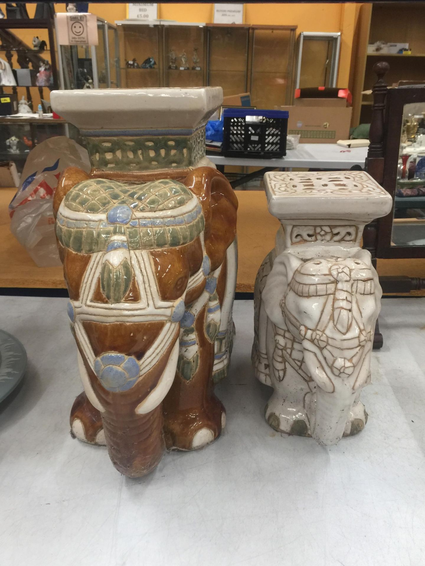 TWO LARGE CERAMIC ELEPHANT PLANT STANDS/SEATS