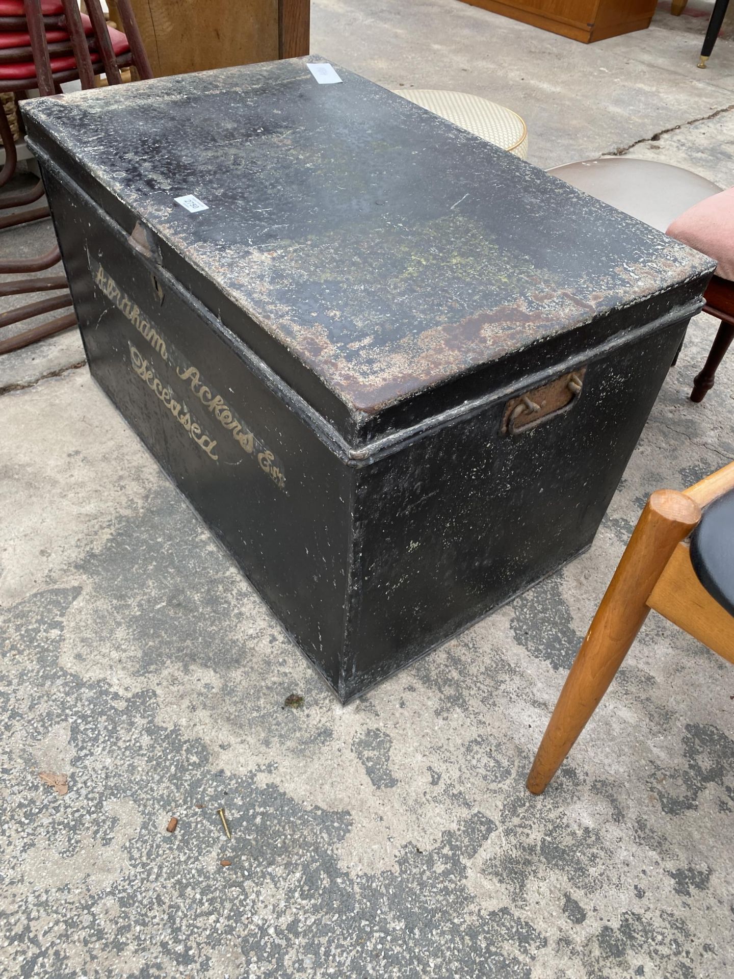 A BLACK PAINTED METALWARE DEEDS BOX INSCRIBED 'ABRAHAM ACKERS, DECEASED', 30 X 18" - Image 2 of 2