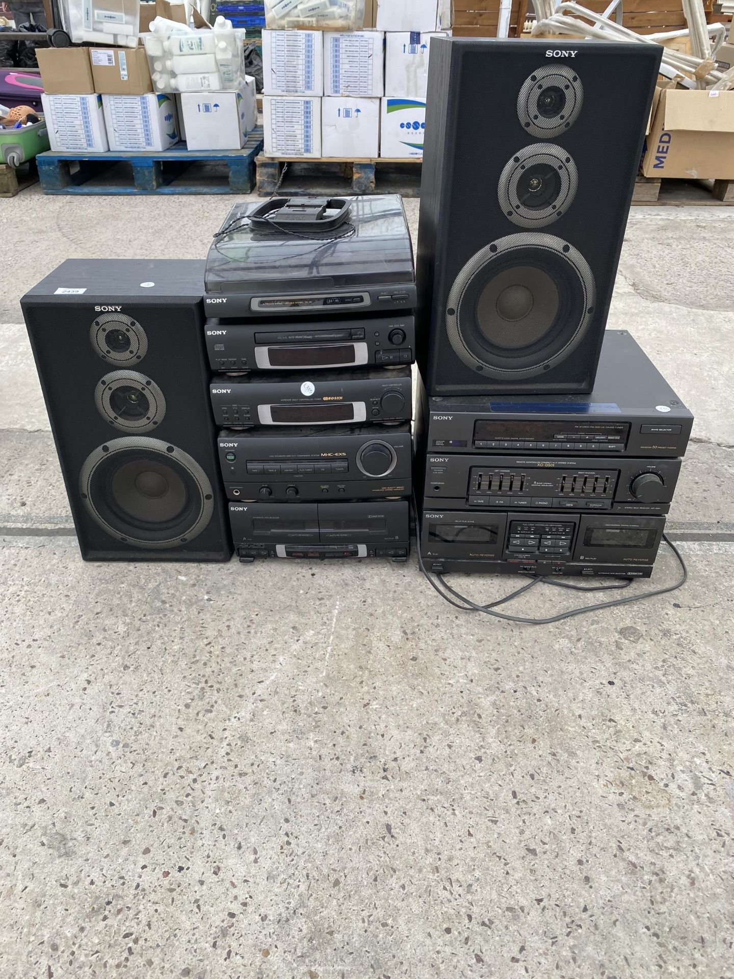 A LARGE QUANTITY OF SONY STEREO SYSTEM ITEMS AND A PAIR OF SPEAKERS