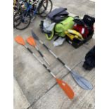 A LARGE QUANTITY OF KAYAKING EQUIPMENT TO INCLUDE LIFE JACKETS AND ORES ETC