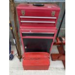 A FOUR WHEELED WORKSHOP TOOL TROLLEY, TWO METAL TOOL BOXES AND AN ASSORTMENT OF TOOLS TO INCLUDE