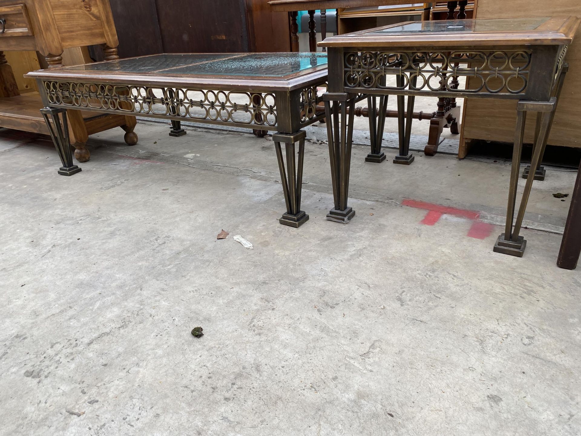 A COFFEE TABLE WITH GLASS TOP HAVING INSERTED METALWARE DECORATION AND A MATCHING LAMP TABLE - Image 2 of 4