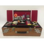 A FLY FISHING FLY TYERS BOX AND CONTENTS WITH TWO INTERNAL TRAY COMPARTMENTS AND EQUIPMENT