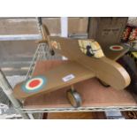 A WOODEN HAND PAINTED SCRATCH BUILT AEROPLANE, 60 X 54CM