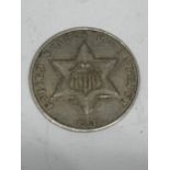AN 1861 U.S.A 3 CENT TWO LINES SILVER COIN, BELIEVED XF