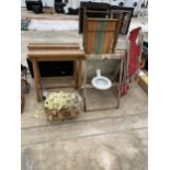 AN ASSORTMENT OF ITEMS TO INCLUDE A DECK CHAIR, BED PAN AND BUILDERS TRESTLES ETC