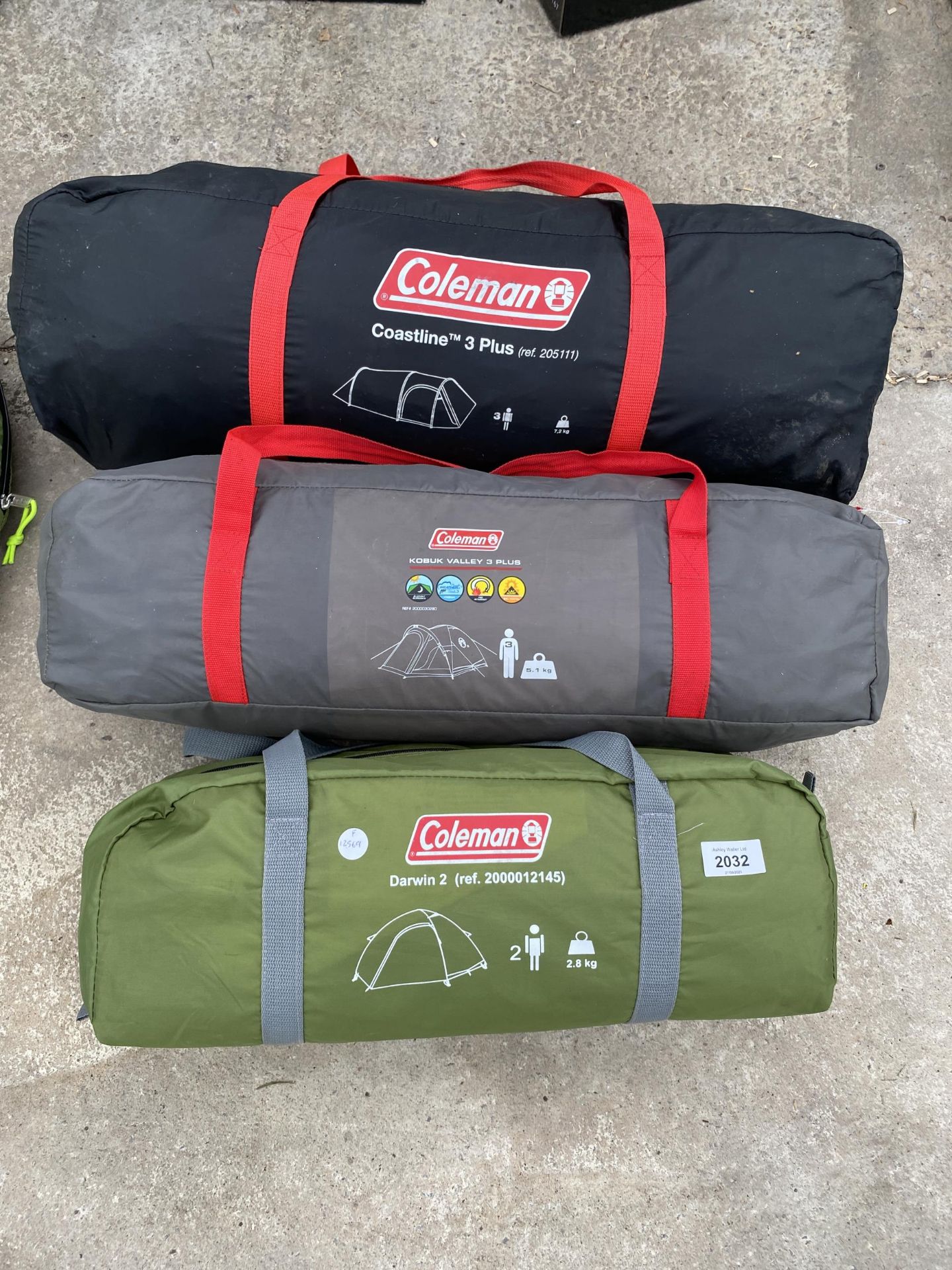 THREE COLEMAN TENTS TO INCLUDE A TWO MAN AND TWO THREE MEN