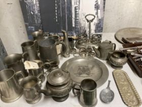 A LARGE MIXED LOT OF SILVER PLATED ITEMS, PEWTER TANKARDS ETC