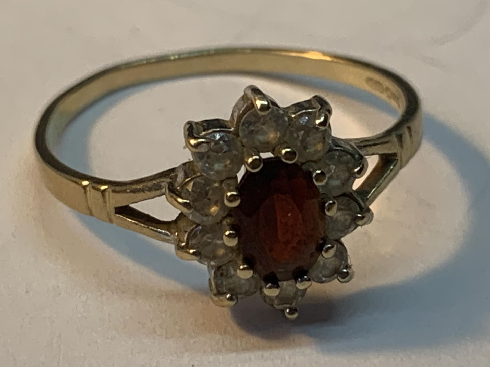 A 9 CARAT GOLD RING WITH A CENTRE GARNET SURROUNDED BY CUBIC ZIRCONIAS SIZE O/P