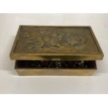 A QUANTITY OF COSTUME JEWELLERY TO INCLUDE NECKLACES, BANGLES, ETC IN A VINTAGE BRASS BOX WITH
