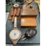 A MIXED LOT OF WOODEN WARE AND TREEN ITEMS, BOXES, EDISON STOCK TICKER, WOODEN ELEPHANT, BAROMETER