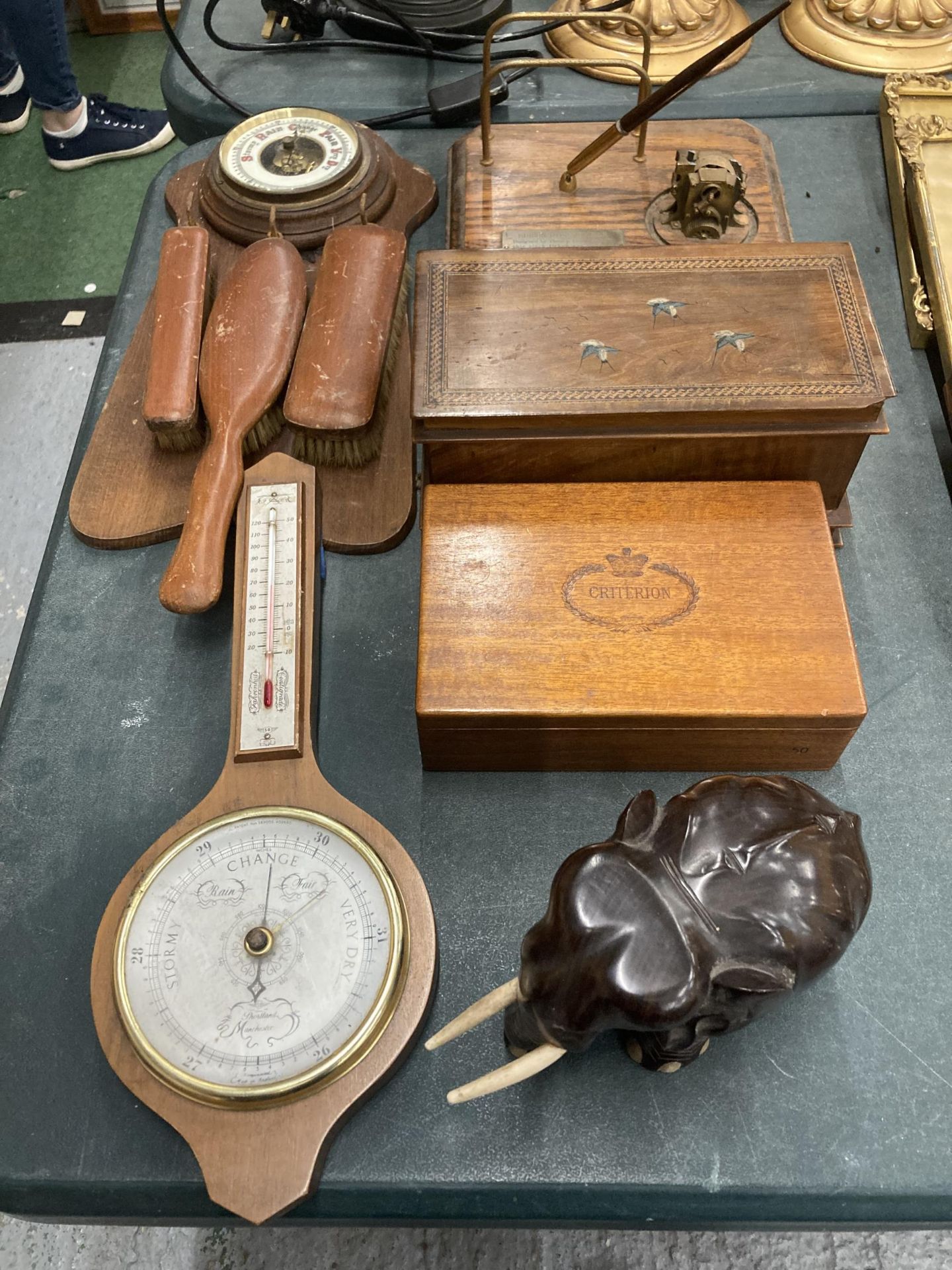 A MIXED LOT OF WOODEN WARE AND TREEN ITEMS, BOXES, EDISON STOCK TICKER, WOODEN ELEPHANT, BAROMETER