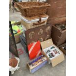 AN ASSORTMENT OF ITEMS TO INCLUDE WICKER BASKETS, CHRISTMAS DECORATIONS AND A CANVAS PRINT ETC