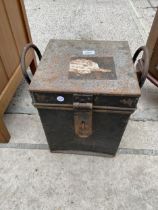 AN 11" SQUARE METALWARE DEED BOX WITH CARRYING HANDLES