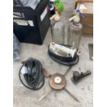 AN ASSORTMENT OF VINTAGE ITEMS TO INCLUDE SODA SYPHONS AND IRONS ETC
