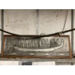 AN EGYPTIAN EMBOSSED FIBREGLASS PLAQUE DEPICTING PHARAOH ON HIS BARGE, 30 X 104 CM, FRAMED