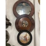 THREE WOODEN FRAMED TO INCLUDE TWO PRATTWARE POT LIDS