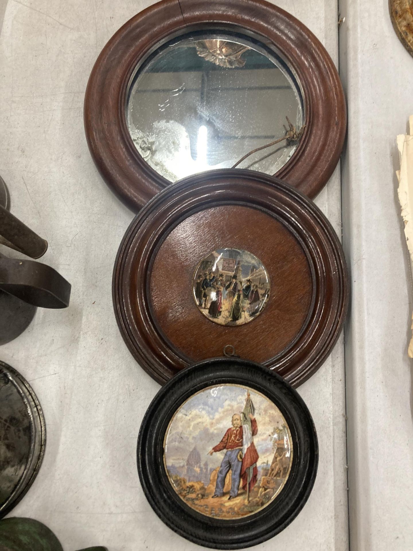 THREE WOODEN FRAMED TO INCLUDE TWO PRATTWARE POT LIDS