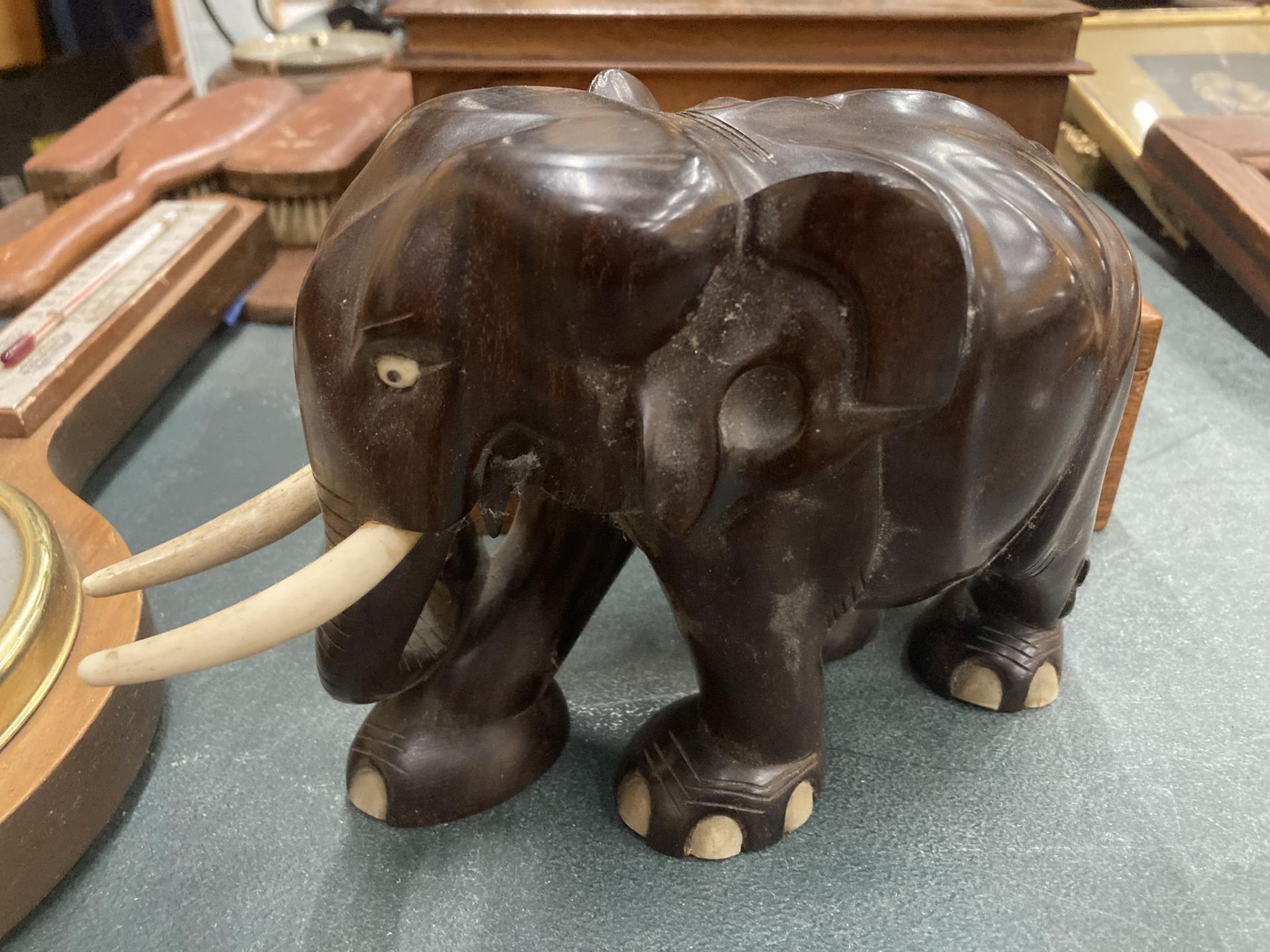 A MIXED LOT OF WOODEN WARE AND TREEN ITEMS, BOXES, EDISON STOCK TICKER, WOODEN ELEPHANT, BAROMETER - Image 7 of 7